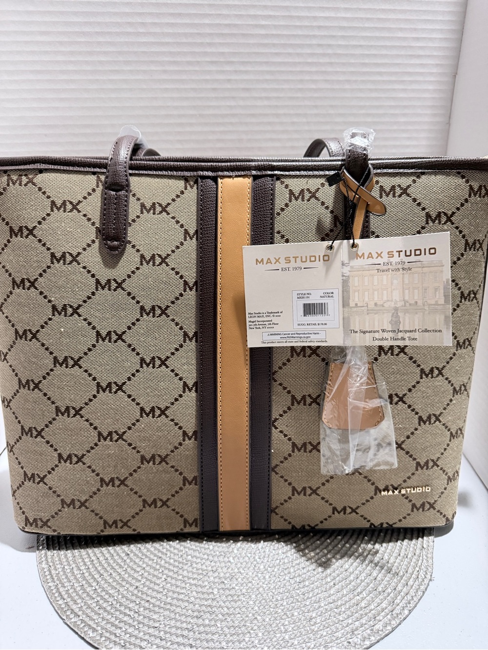 MAX STUDIO Monogram Tote Bag in Beige, Brown & Tan